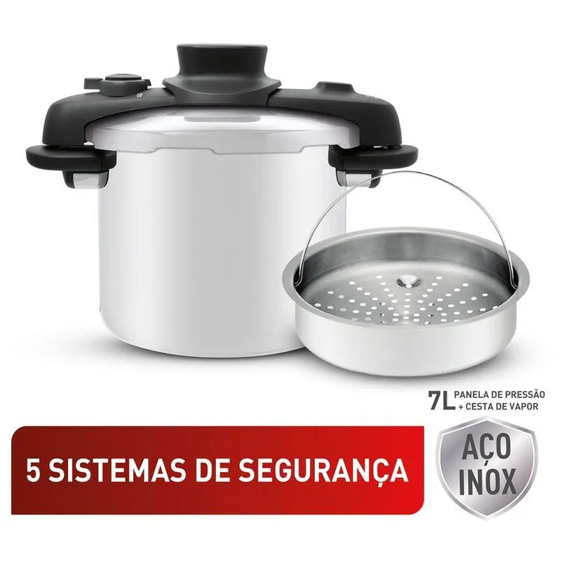 Panela de Pressão Tefal Opti'Space Inox 7L com Fundo Triplo e Cesto de Vapor