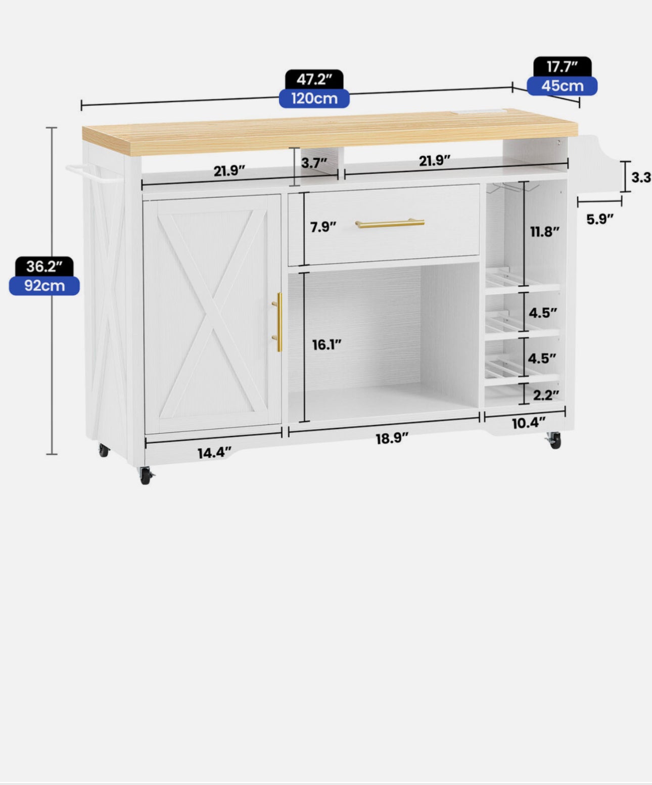 Carrinho de cozinha com madeira Top e Drop Leaf, Breakfast Bar, Rolling Mobile, Ilha mesa sobre rodas, gaveta e armazenamento